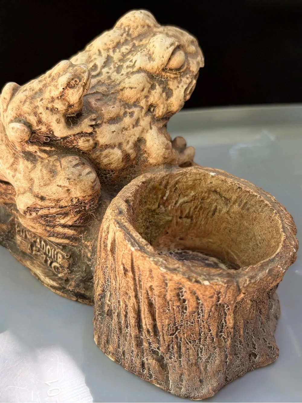 Vintage 70s Pompadour Frog Planter With Baby AF 77 Faux Wood Trinket Dish Rustic